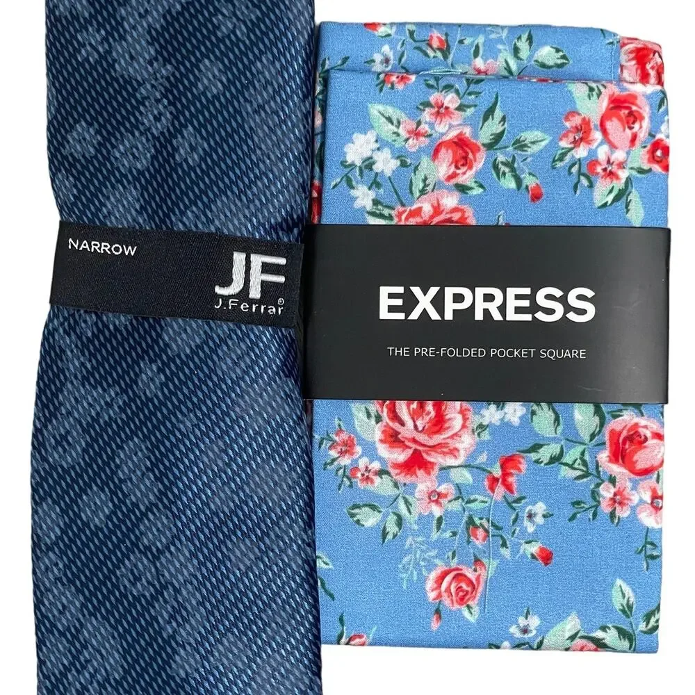 2pc Set J Ferrar Narrow Epic Indigo Floral Stripe Tie & Express Pocket Square